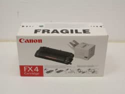 Canon FX-4 cartridge box with FRAGILE label and simplified installation graphics for Canon printers.