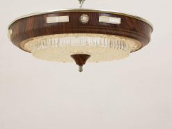 Elegant retro chandelier with wooden frame, frosted glass accents, and sparkling crystal prisms.