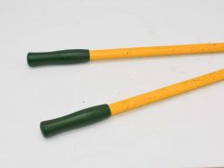 Vibrant yellow trekking poles with green grips for outdoor sports and activities.