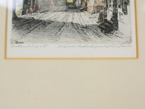 Charming etching of a historic cobblestone street scene by Karl Feidler, capturing urban life.