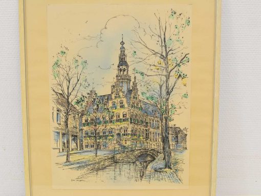 Charming historic town hall illustration by a serene canal, evoking nostalgia and community spirit.