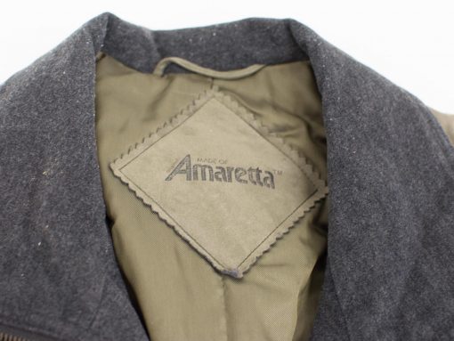 Stylish vintage jacket with textured wool collar and Amaretta label for comfort and durability.