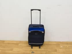 Navy blue vintage trolley suitcase, stylish and durable, perfect for travel and short trips.