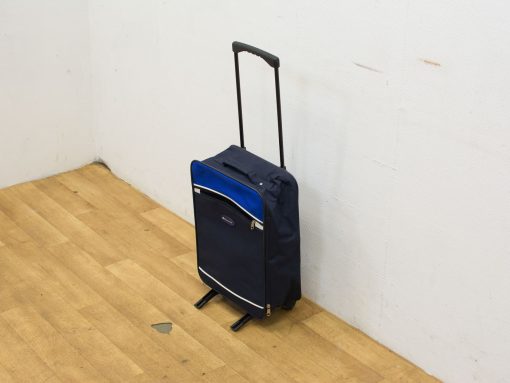 Compact dark blue suitcase with wheels, ideal for easy travel and short trips.