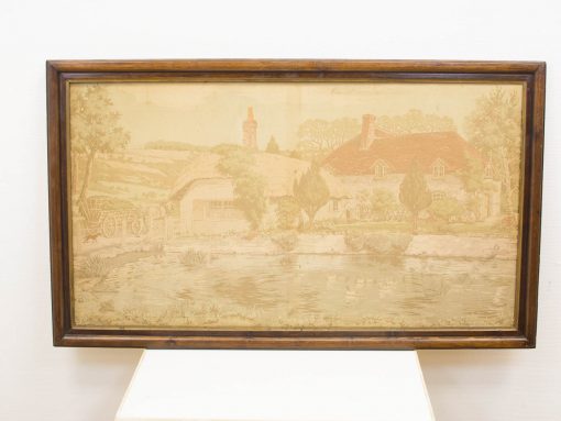 Serene pastoral landscape with cottages and water reflections, evoking warmth and nostalgia.