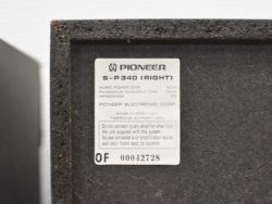 Pioneer S-P340 Right Speaker label featuring 60W power, 8 ohms impedance, and quality craftsmanship.