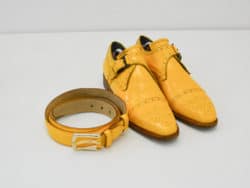 Bold yellow dress shoes and matching belt for a stylish, attention-grabbing outfit.