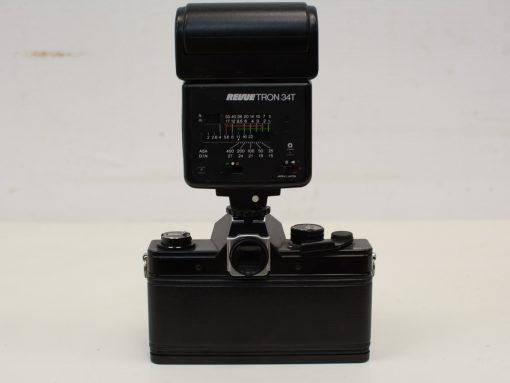 Classic black vintage camera with Revue TRON 34T flash, perfect for photography enthusiasts and collectors.