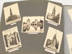 Nostalgic sepia photos of historic European landmarks and tranquil waterscapes in a scrapbook.