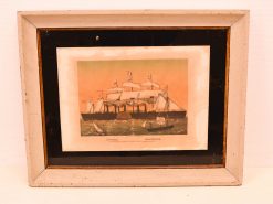 Elegant vintage sailing ship scene with tranquil waters and vibrant sunset sky.