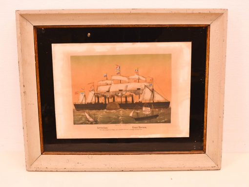 Elegant vintage sailing ship scene with tranquil waters and vibrant sunset sky.