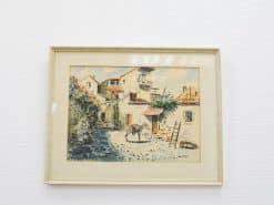 Charming watercolor of a Mediterranean village with colorful houses and serene cobblestone paths.