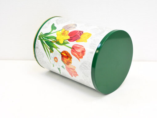 Vibrant floral storage container with a green lid for stylish and practical home organization.