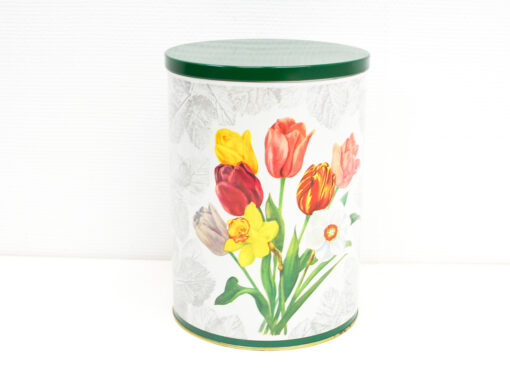 Vibrant floral tin canister with green lid, perfect for stylish storage and vintage decor.