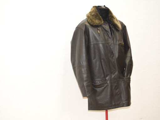 Chic brown leather jacket with fur collar, blending style and functionality for any occasion.