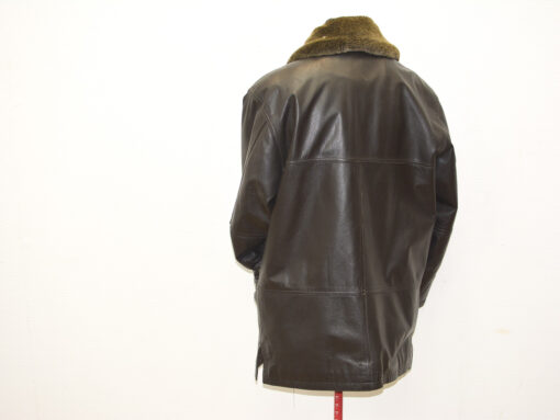 Chic chocolate brown leather jacket with luxurious faux fur collar, perfect for versatile styling.