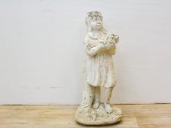 Joyful vintage girl statue with flowers, ideal for charming home and garden decor.