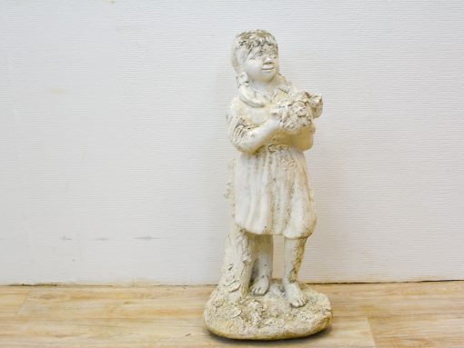 Joyful vintage girl statue with flowers, ideal for charming home and garden decor.