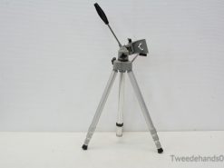 Compact silver aluminum tripod with adjustable pan-tilt head for stable, portable photography and videography.