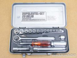 20-piece socket wrench set in a sturdy metal case for DIY and automotive repairs.