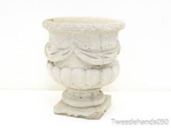 Elegant light gray vintage urn with scalloped rim, perfect for gardens and sophisticated decor.