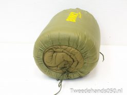 Compact olive green sleeping bag for camping and outdoor adventures, durable and weather-resistant.