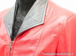 Stylish red leather jacket with black collar, perfect for any fashionable wardrobe.