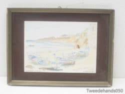 Charming watercolor of fishing boats on a serene beach, embodying coastal tranquility and beauty.