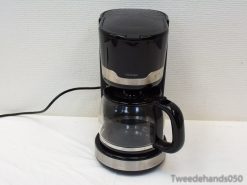 Sleek black coffee maker with glass carafe and stainless steel accents, perfect for modern kitchens.