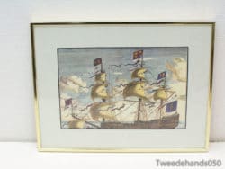 Elegant sailing ship artwork featuring vibrant flags, celebrating maritime history and craftsmanship.