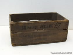 Rustic vintage wooden fruit crate from Vogelzang with unique inscriptions and historic charm.