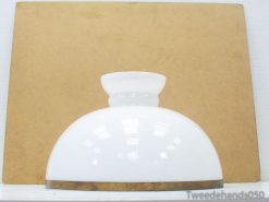 Elegant vintage white glass lamp shade with brass trim for stylish home decor.