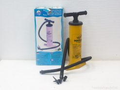 Powerful yellow double-action pump for quick inflation of various outdoor items and sports gear.