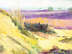 Vibrant impressionistic landscape with gentle hills and colorful flora inviting peaceful reflection.