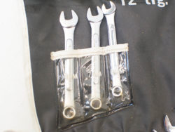 Three organized chrome wrenches (8mm, 10mm, 12mm) in a clear pouch for easy access.