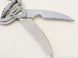 Sleek ergonomic stainless steel scissors with serrated blade, ideal for precision cutting and crafting.