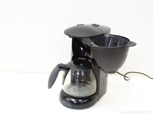 Stylish black coffee maker with glass carafe, perfect for modern kitchens and effortless brewing.