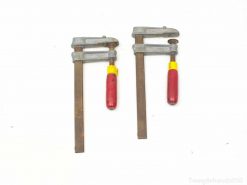 Durable C-clamps with red handles, ideal for woodworking and metalworking tasks.