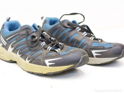 Mens size 45 black and blue athletic shoes with breathable mesh and durable grip.