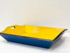 Charming blue and yellow retro serving tray with handles, ideal for snacks or decoration.