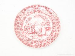 Red decorative plate featuring tranquil birds and floral designs, perfect for collectors and decor.