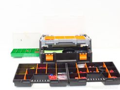 Stylish black and orange toolbox for efficient organization of tools and small parts.