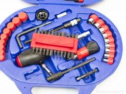 Compact blue toolkit with organized tools, ergonomic screwdriver, and durable socket attachments for versatile use.