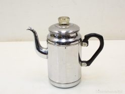 Elegant vintage stainless steel teapot with a black handle, perfect for tea enthusiasts.