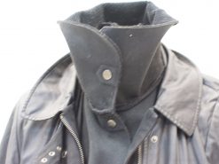 Chic black leather jacket with a high collar, perfect for modern mens fashion and style.