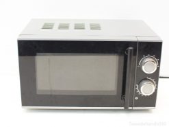 Stylish compact microwave with a glass door and user-friendly dials for modern kitchens.