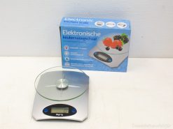 Modern kitchen scale with glass platform for accurate measurements up to 5 kg.