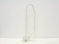 Stylish white metal wall support handle for safety and stability in accessible spaces.