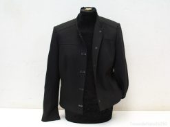 Sleek black blazer with high collar, perfect for sophisticated and versatile styling options.