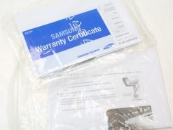 Samsung CCTV warranty certificate and multilingual instructions in a clear protective sleeve.